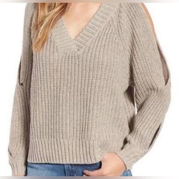 LEITH Nordstrom Chunky Taupe Wool Blend Knit Double Cutout Long Sleeve Sweater - Picture 2 of 10